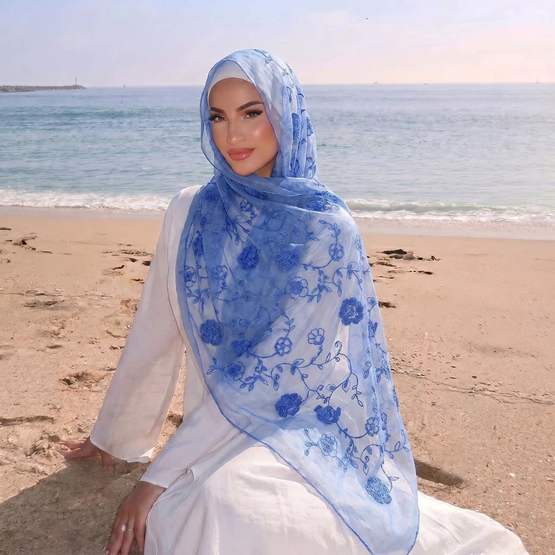 Floral Embroidery Muslim Hijab Sheer Scarf Soft Lightweight Headscarf for Women Daily Modest Wear Islamic Head Wrap Accessory