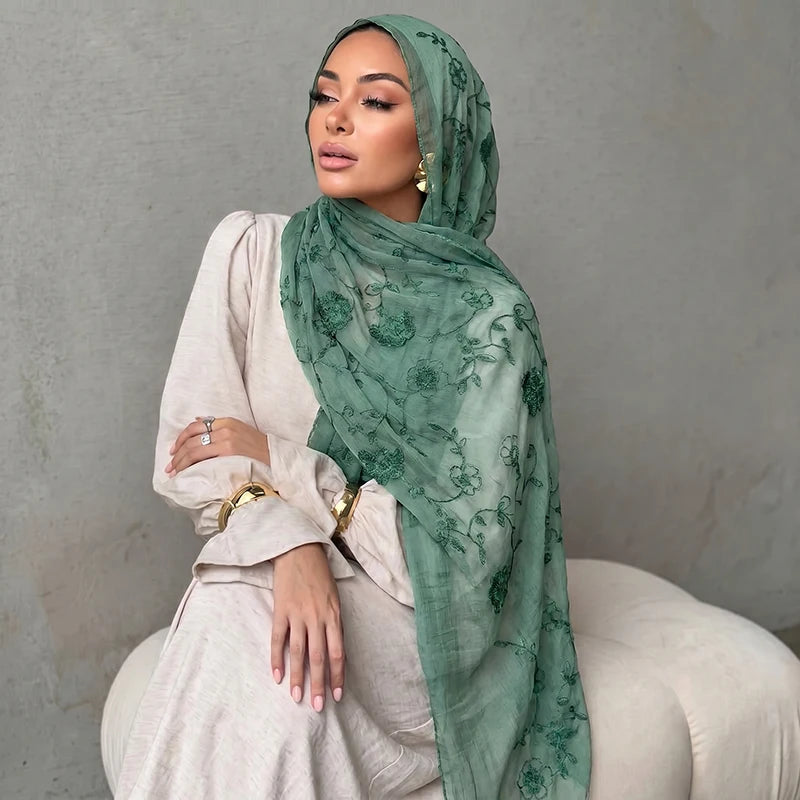 Floral Embroidery Muslim Hijab Sheer Scarf Soft Lightweight Headscarf for Women Daily Modest Wear Islamic Head Wrap Accessory