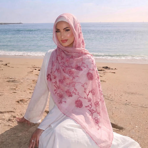 Floral Embroidery Muslim Hijab Sheer Scarf Soft Lightweight Headscarf for Women Daily Modest Wear Islamic Head Wrap Accessory