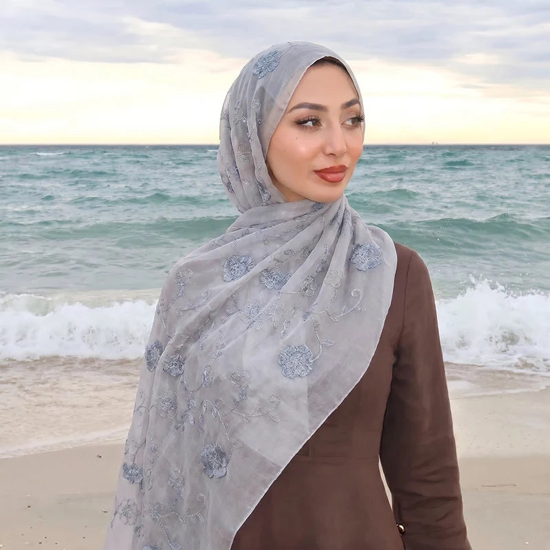 Floral Embroidery Muslim Hijab Sheer Scarf Soft Lightweight Headscarf for Women Daily Modest Wear Islamic Head Wrap Accessory
