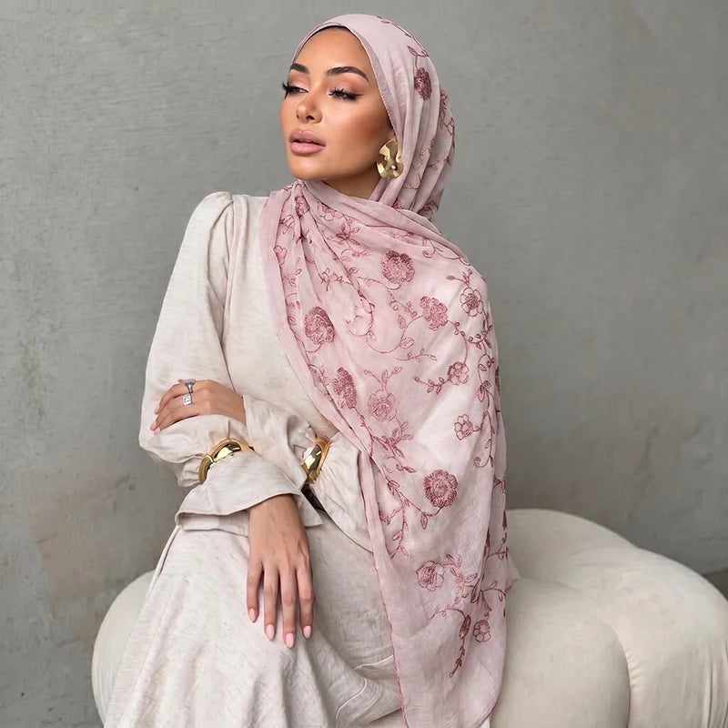 Floral Embroidery Muslim Hijab Sheer Scarf Soft Lightweight Headscarf for Women Daily Modest Wear Islamic Head Wrap Accessory