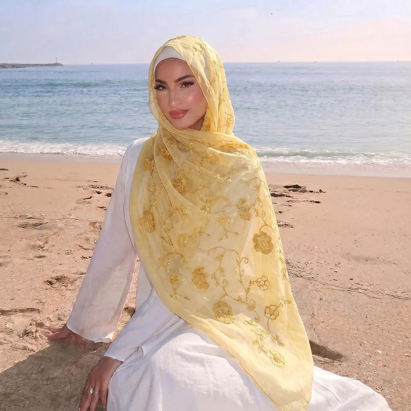 Floral Embroidery Muslim Hijab Sheer Scarf Soft Lightweight Headscarf for Women Daily Modest Wear Islamic Head Wrap Accessory