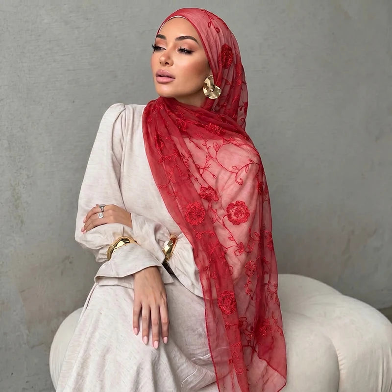 Floral Embroidery Muslim Hijab Sheer Scarf Soft Lightweight Headscarf for Women Daily Modest Wear Islamic Head Wrap Accessory