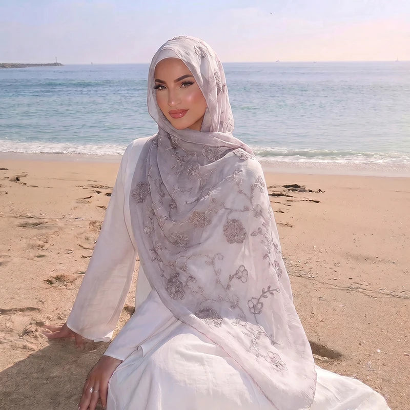 Floral Embroidery Muslim Hijab Sheer Scarf Soft Lightweight Headscarf for Women Daily Modest Wear Islamic Head Wrap Accessory