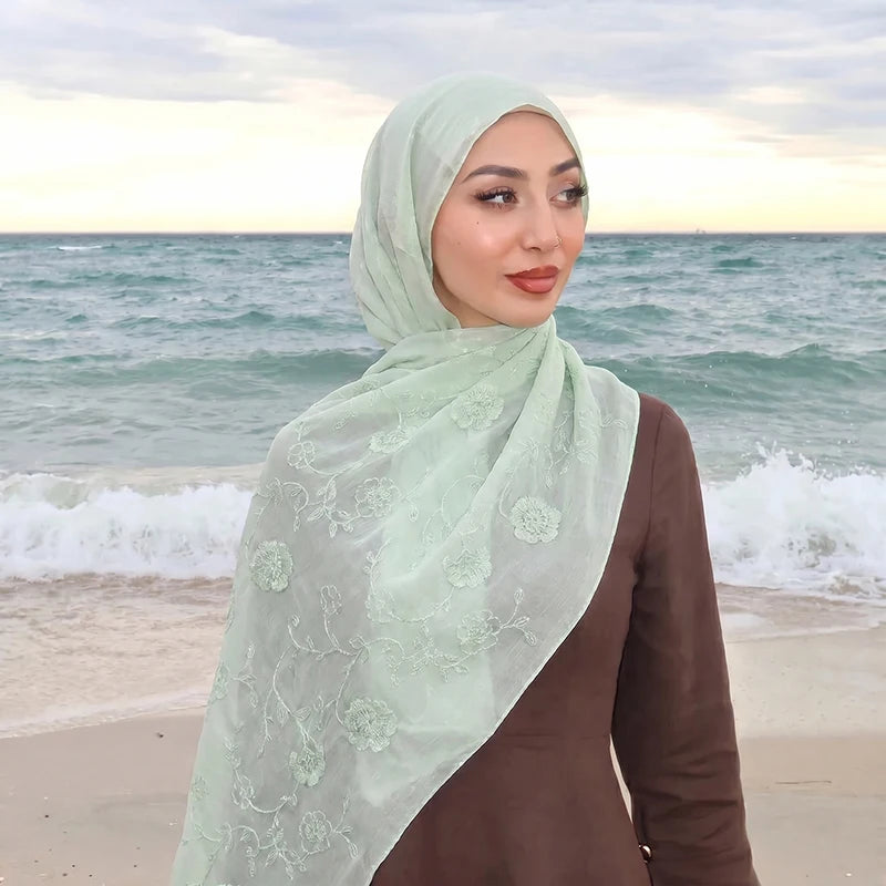 Floral Embroidery Muslim Hijab Sheer Scarf Soft Lightweight Headscarf for Women Daily Modest Wear Islamic Head Wrap Accessory